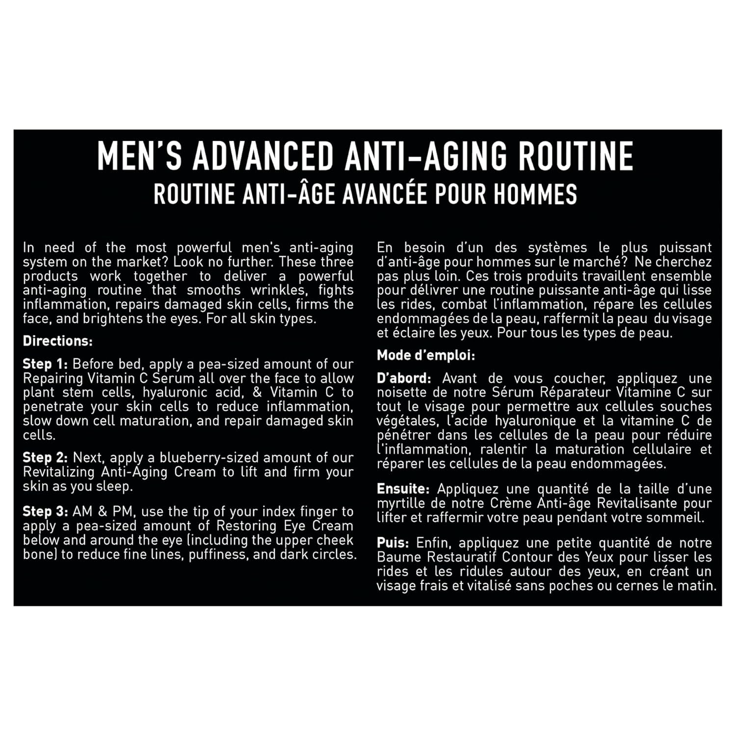 Vitamin C and peptide anti-aging skincare set for men including serum, night cream, and eye cream on minimal white background — view 2