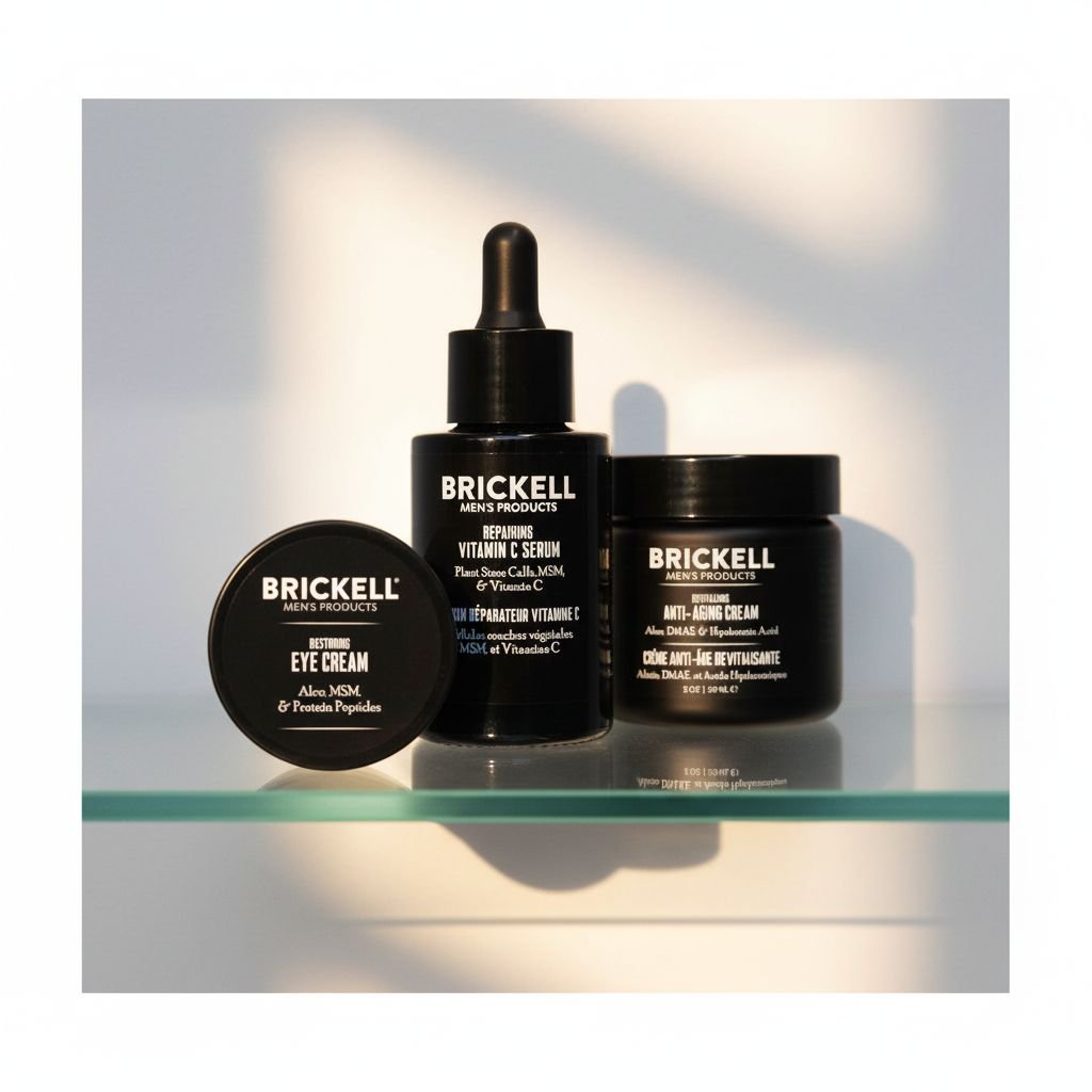 Vitamin C and peptide anti-aging skincare set for men including serum, night cream, and eye cream on minimal white background — view 1