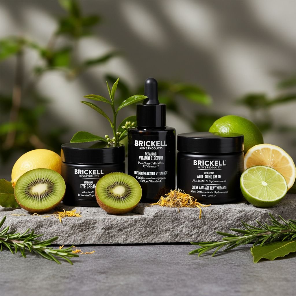 Vitamin C and peptide anti-aging skincare set for men including serum, night cream, and eye cream on minimal white background — view 4