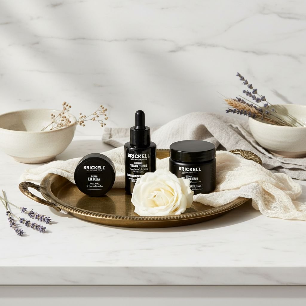 Vitamin C and peptide anti-aging skincare set for men including serum, night cream, and eye cream on minimal white background — view 2