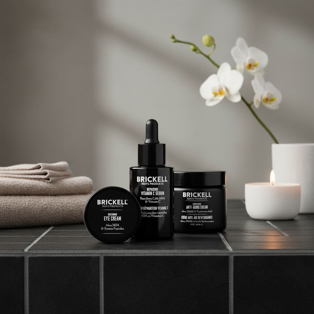 Vitamin C and peptide anti-aging skincare set for men including serum, night cream, and eye cream on minimal white background — view 3a