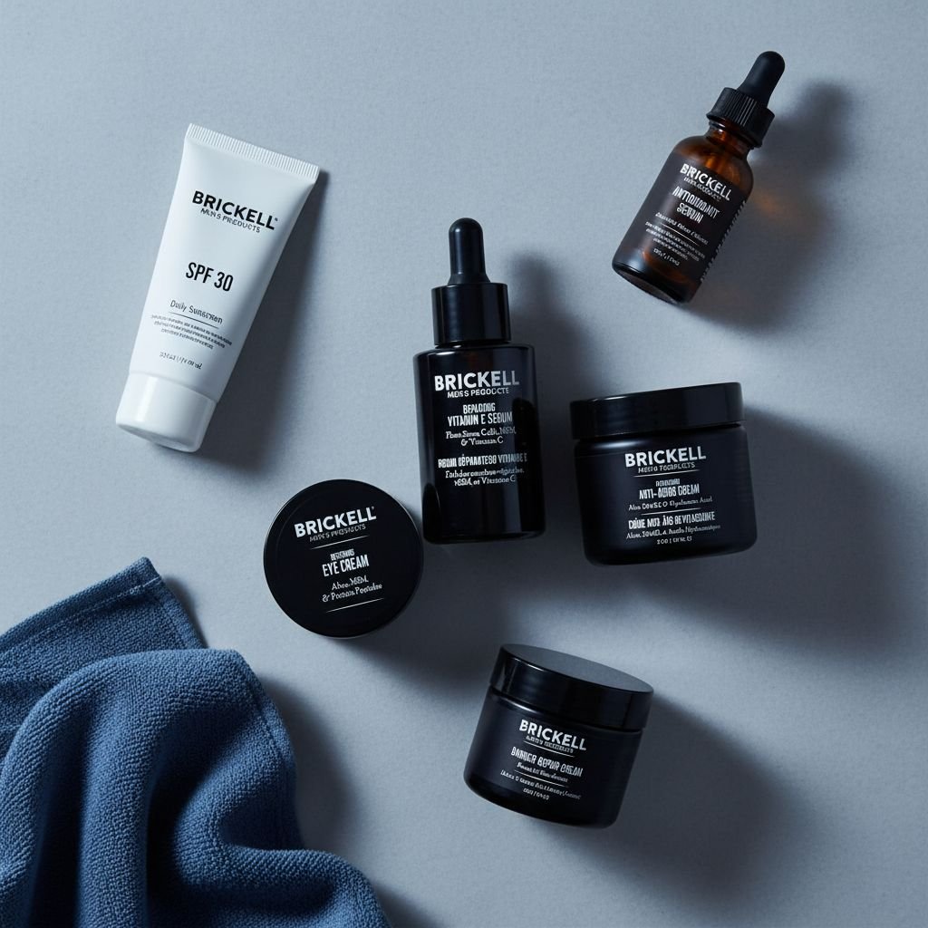 Vitamin C and peptide anti-aging skincare set for men including serum, night cream, and eye cream on minimal white background — view 5a