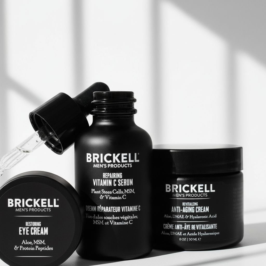 Vitamin C and peptide anti-aging skincare set for men including serum, night cream, and eye cream on minimal white background — view 7a