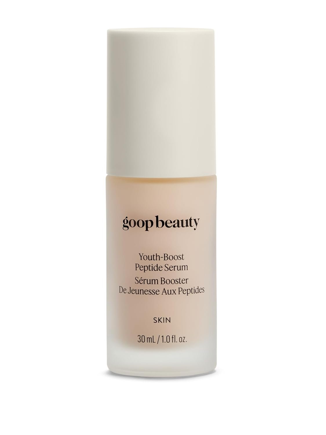 Peptide anti-aging serum bottle with ceramides and niacinamide for all skin types, promoting firmness and elasticity — front