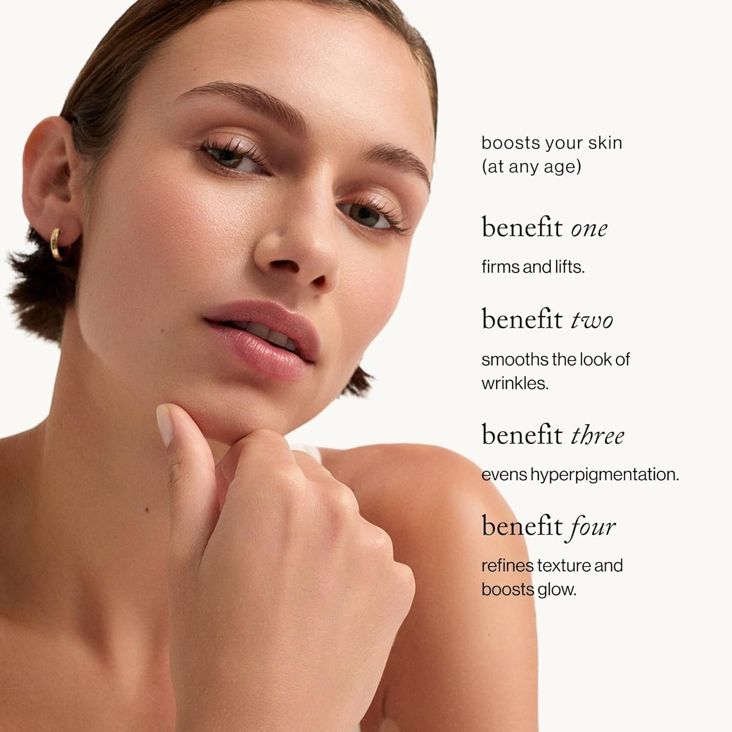 Peptide anti-aging serum bottle with ceramides and niacinamide for all skin types, promoting firmness and elasticity — back