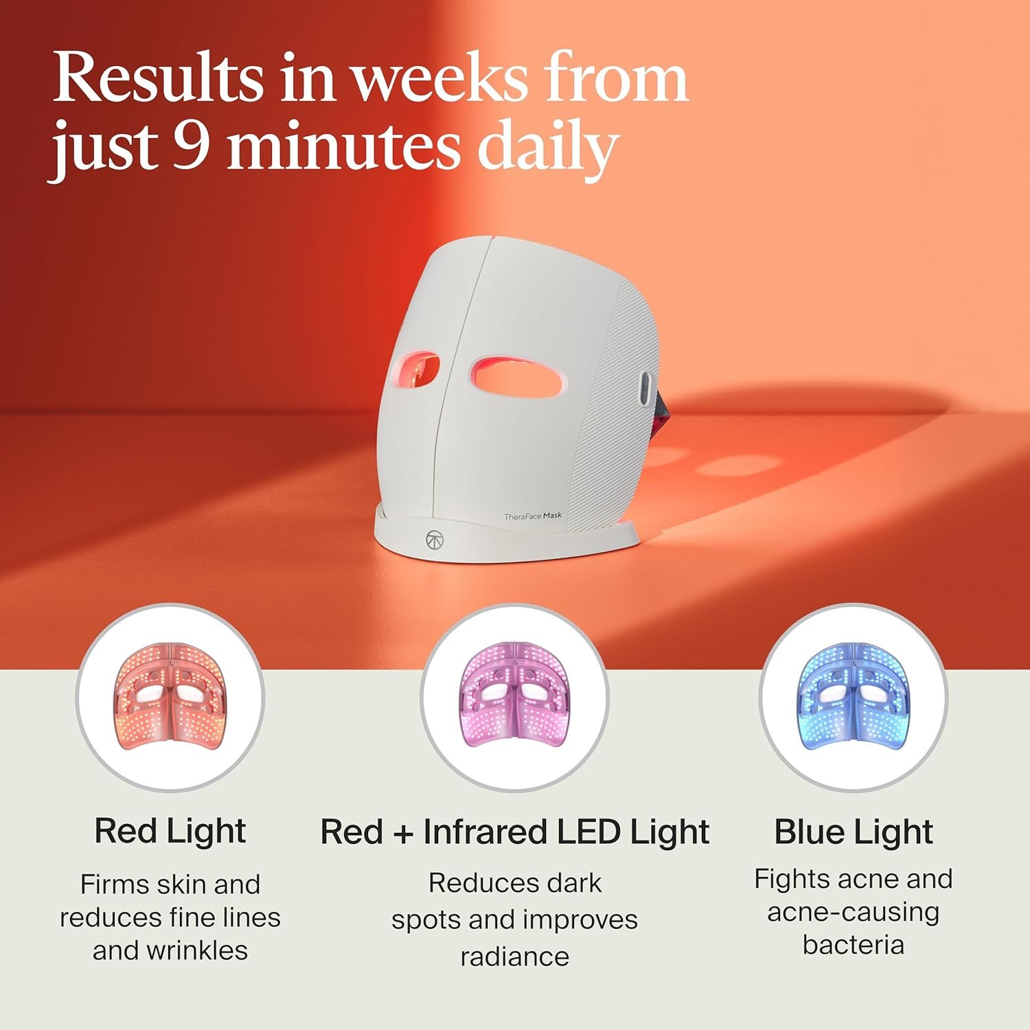 TheraFace LED light therapy mask with blue and red light settings, showing vibrating massage device for anti-aging and dark spot reduction — detail