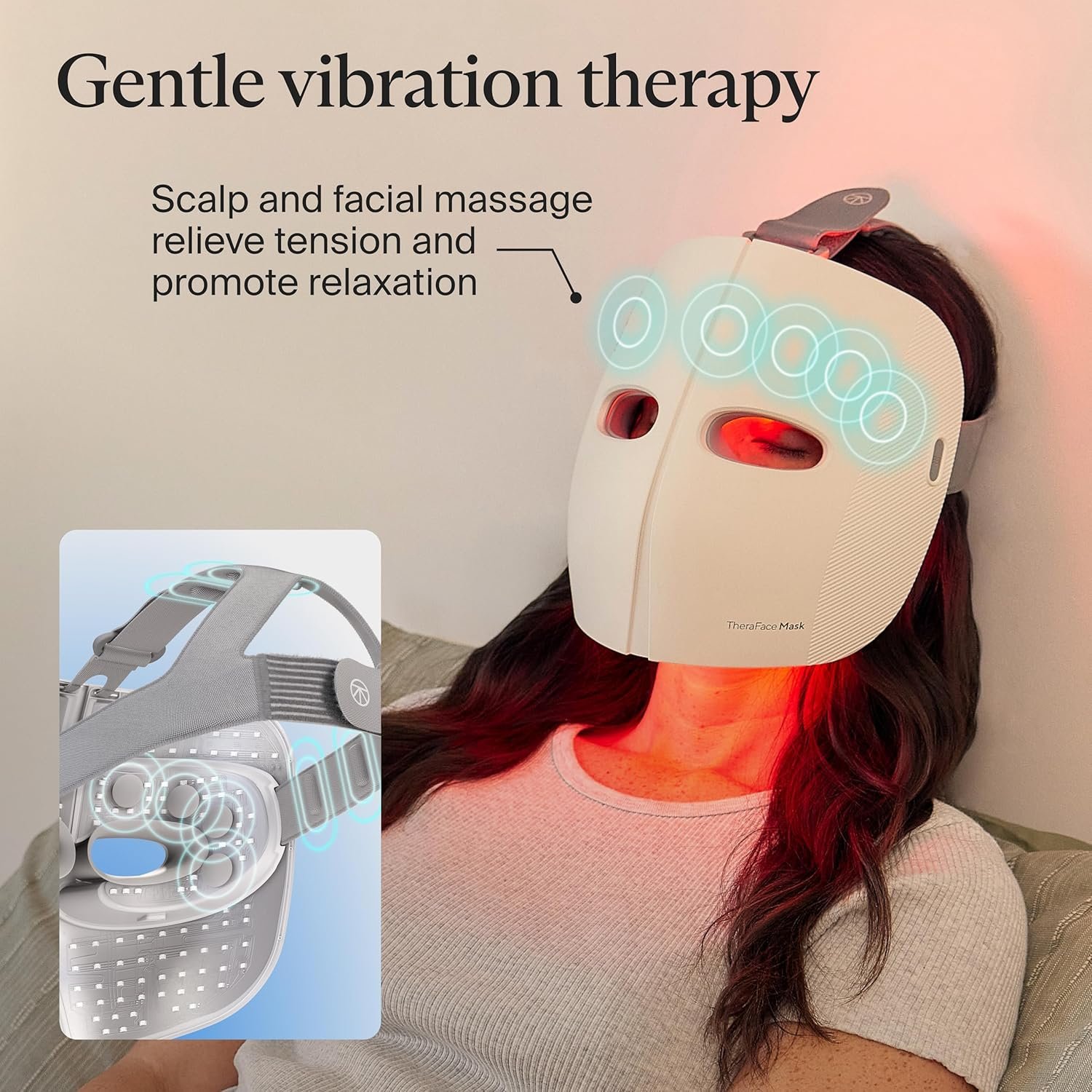 TheraFace LED light therapy mask with blue and red light settings, showing vibrating massage device for anti-aging and dark spot reduction — view 3