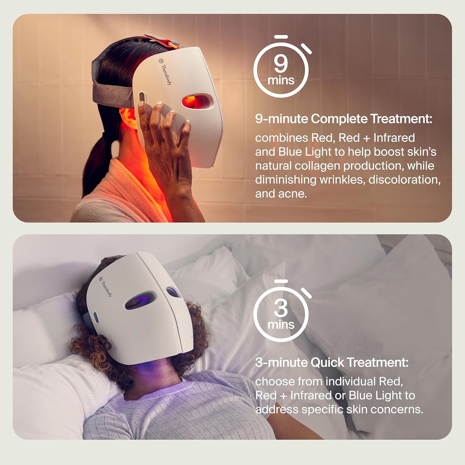 TheraFace LED light therapy mask with blue and red light settings, showing vibrating massage device for anti-aging and dark spot reduction — view 2