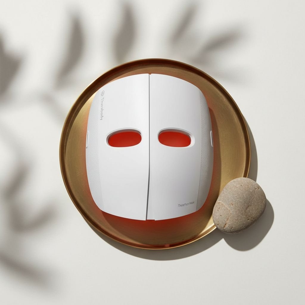 TheraFace LED light therapy mask with blue and red light settings, showing vibrating massage device for anti-aging and dark spot reduction — view 1