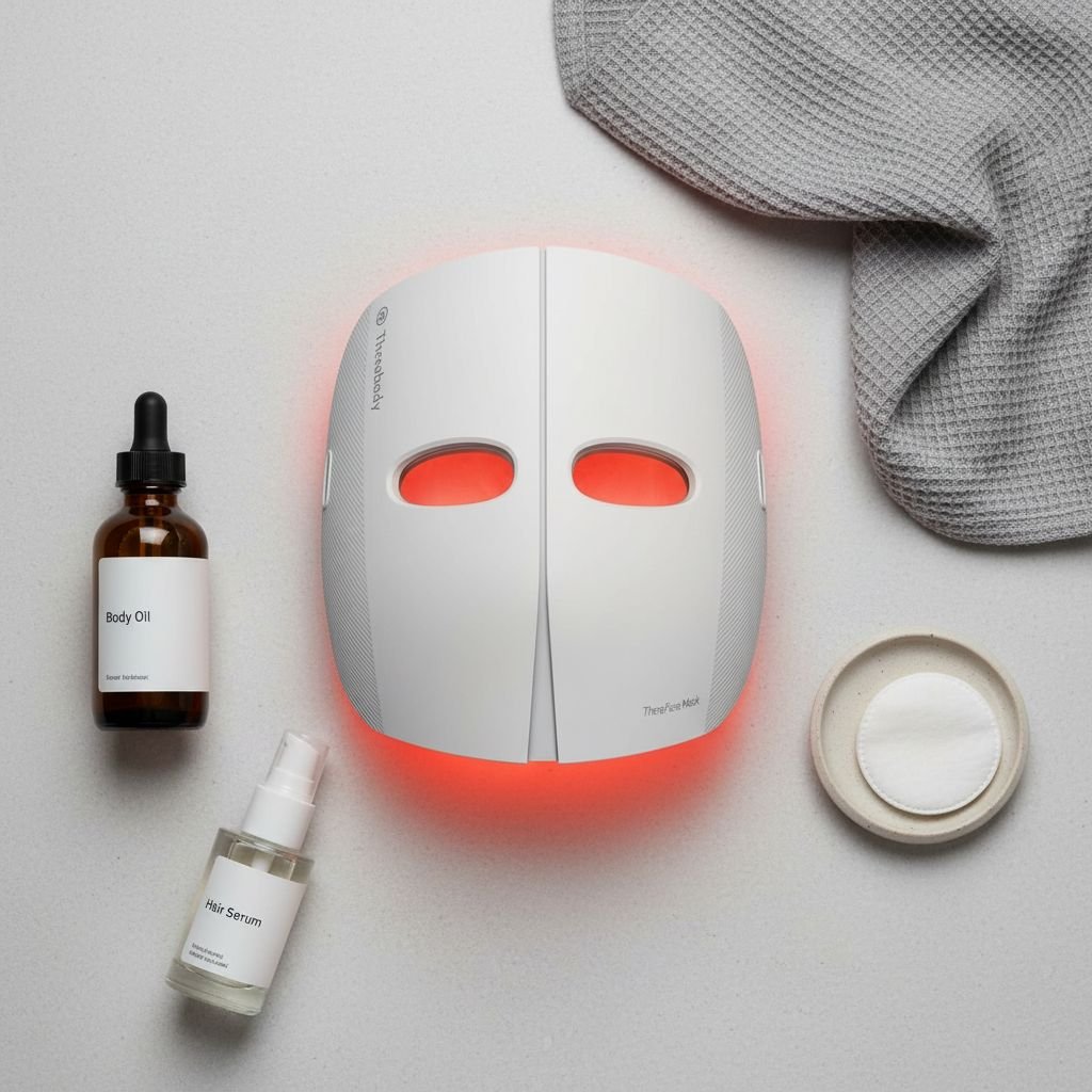 TheraFace LED light therapy mask with blue and red light settings, showing vibrating massage device for anti-aging and dark spot reduction — view 4