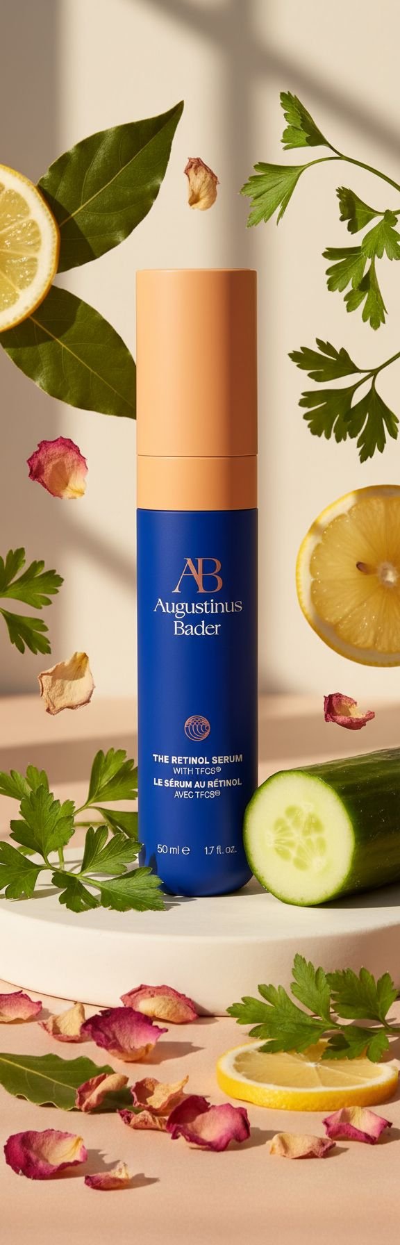 Retinol anti-aging serum bottle with dropper on neutral background, showing hydrating formula for fine lines and firmness — view 4