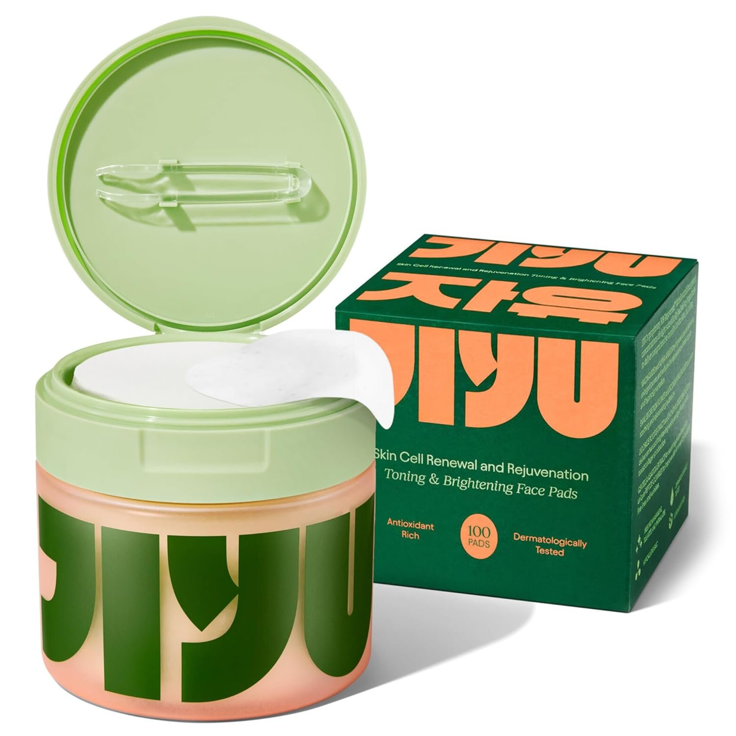 Snail mucin and niacinamide brightening toning pads in glass jar with product swatches on hydrated skin — view 2