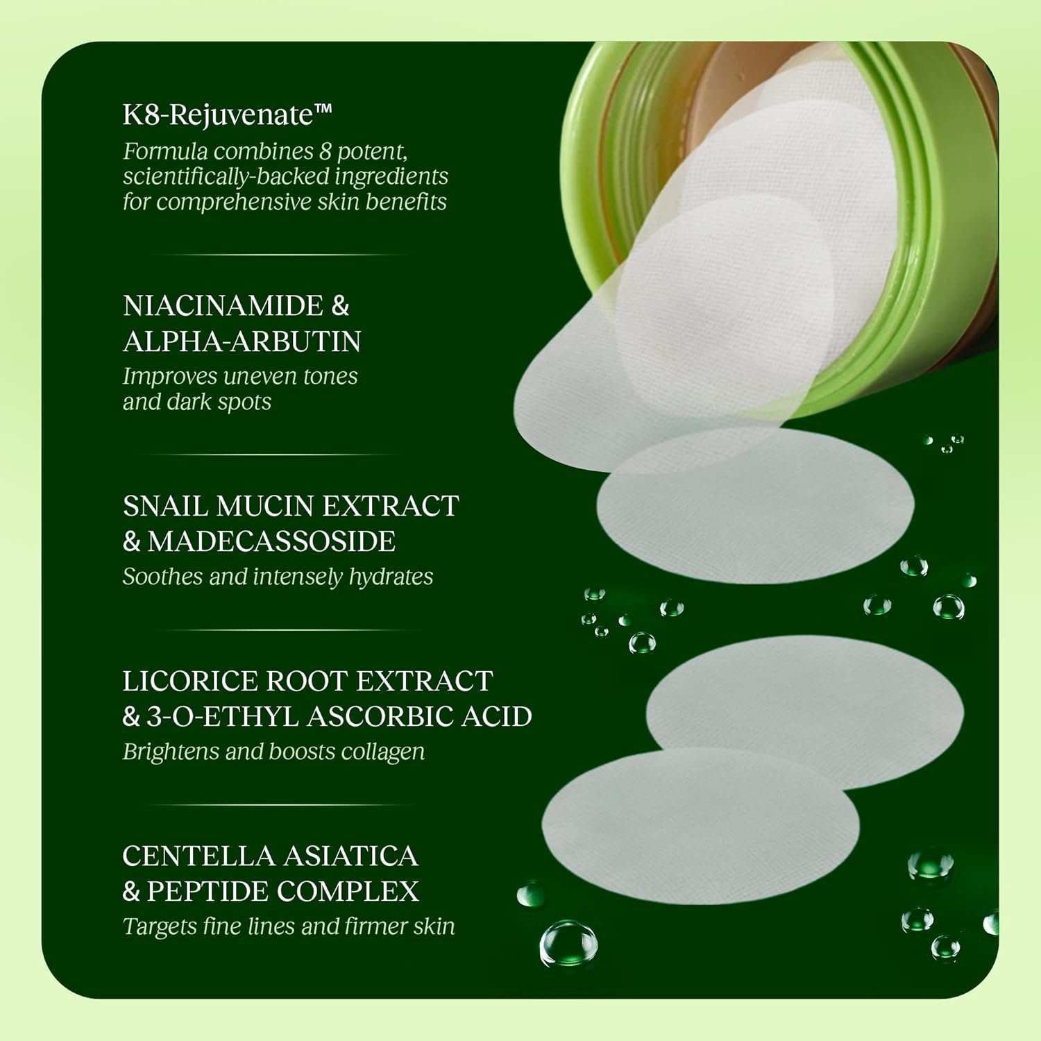 Snail mucin and niacinamide brightening toning pads in glass jar with product swatches on hydrated skin — view 4