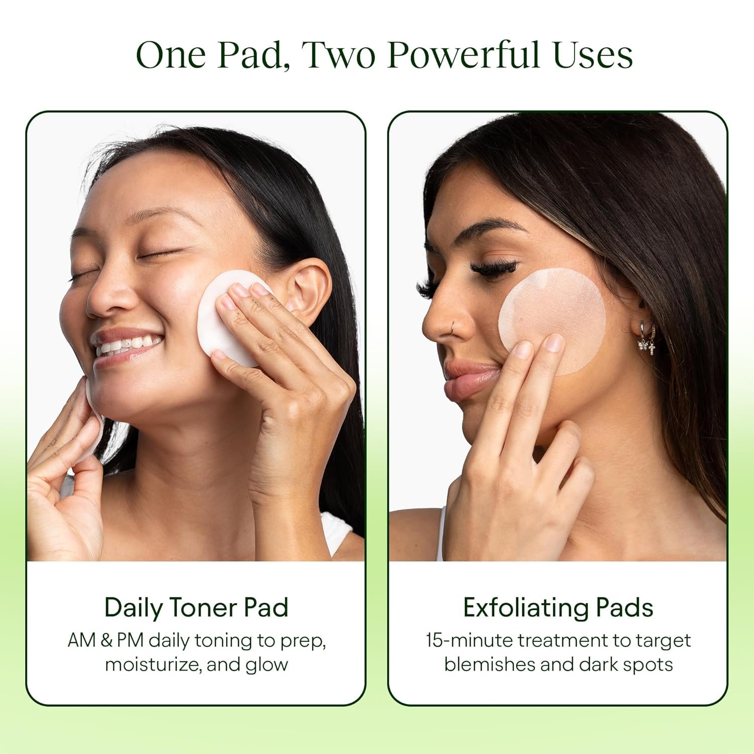 Snail mucin and niacinamide brightening toning pads in glass jar with product swatches on hydrated skin — view 2