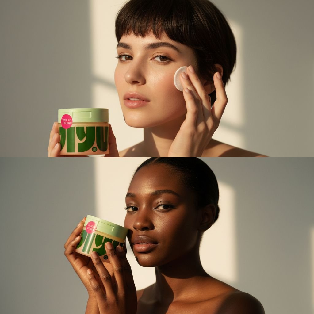 Snail mucin and niacinamide brightening toning pads in glass jar with product swatches on hydrated skin — view 6