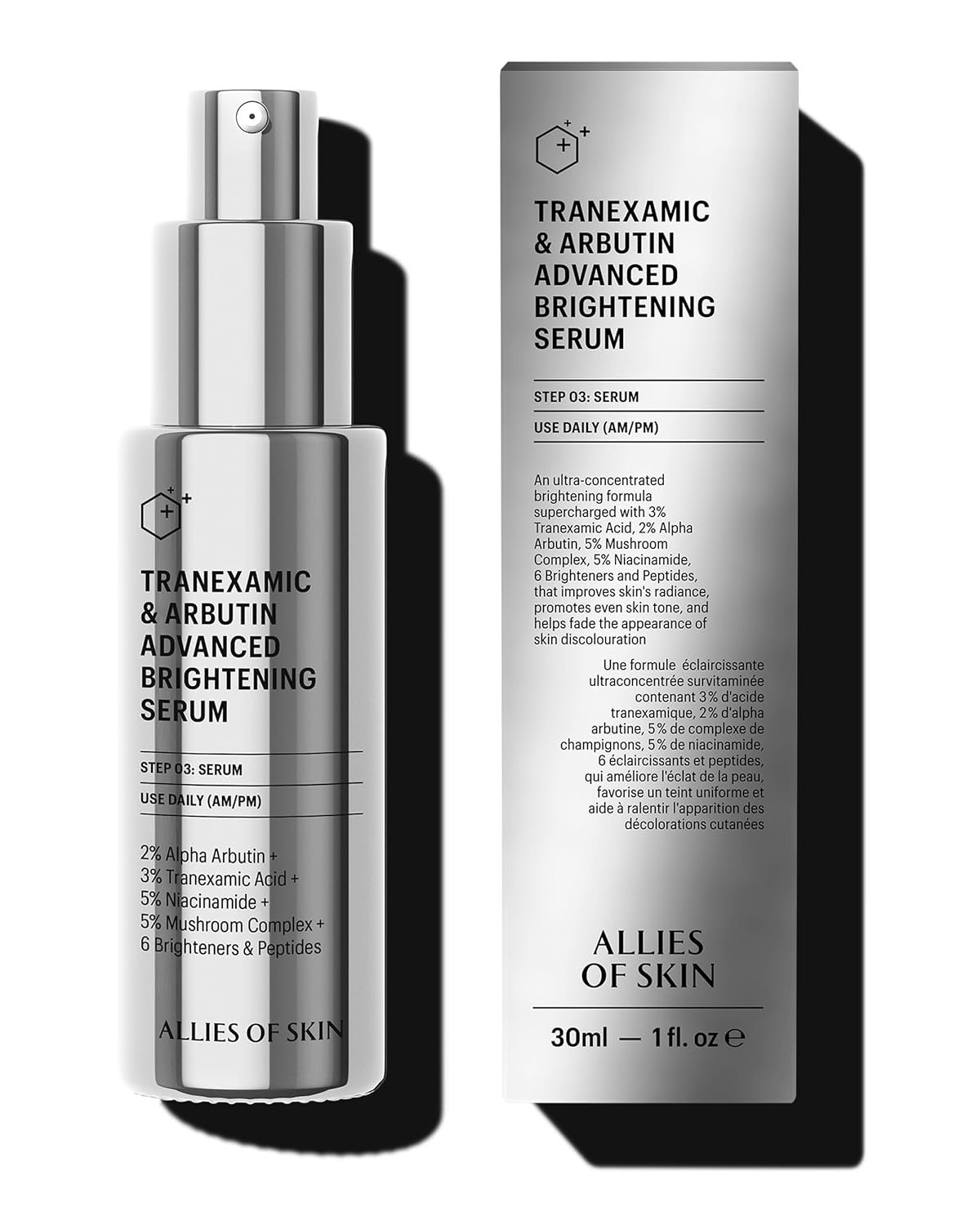 Tranexamic acid brightening serum bottle with peptides, shown on all skin types for dark spot reduction and anti-aging benefits — view 1