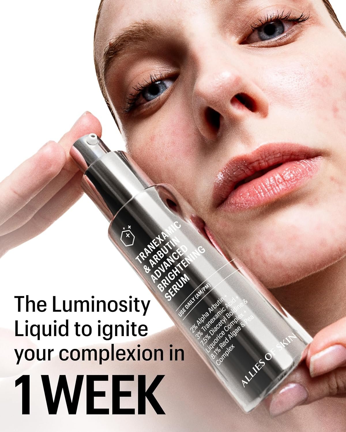 Tranexamic acid brightening serum bottle with peptides, shown on all skin types for dark spot reduction and anti-aging benefits — view 2