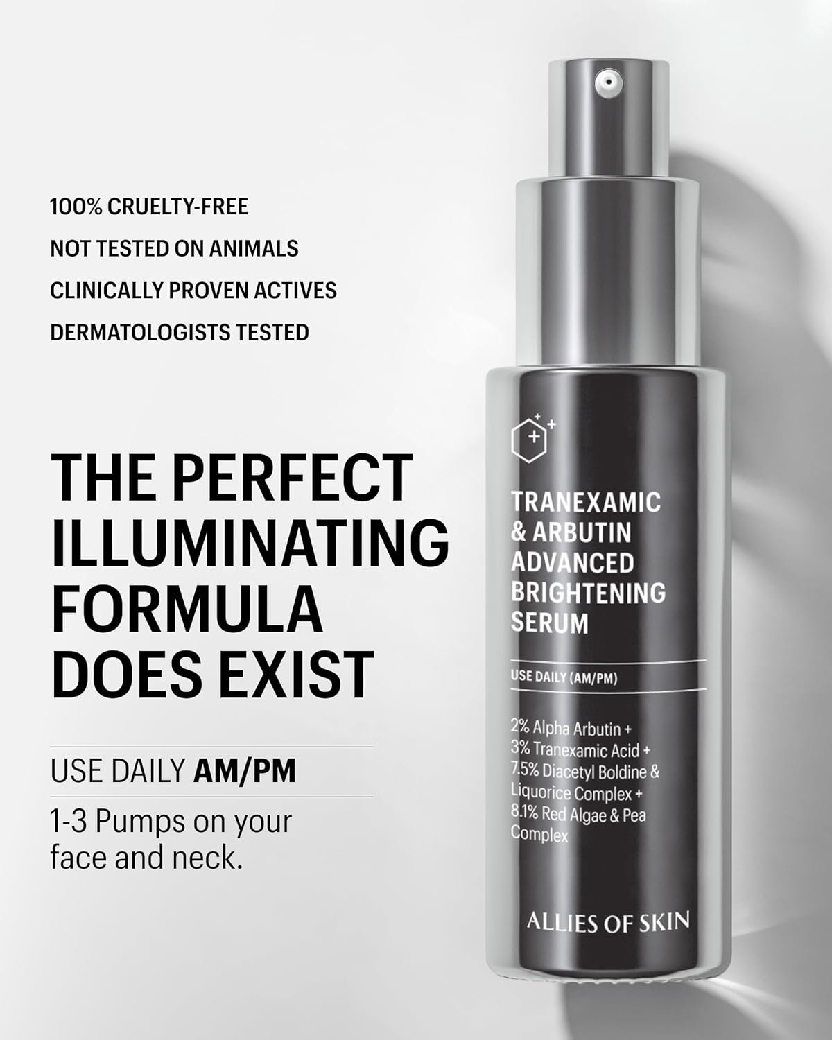 Tranexamic acid brightening serum bottle with peptides, shown on all skin types for dark spot reduction and anti-aging benefits — view 3