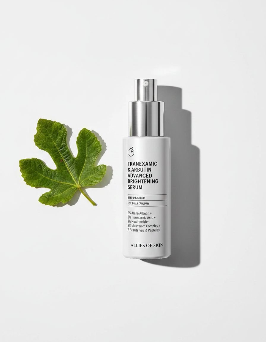 Tranexamic acid brightening serum bottle with peptides, shown on all skin types for dark spot reduction and anti-aging benefits — view 1