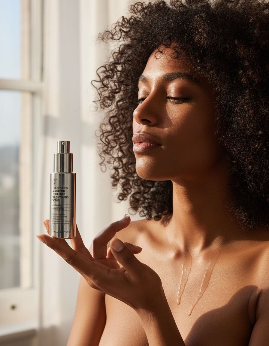 Tranexamic acid brightening serum bottle with peptides, shown on all skin types for dark spot reduction and anti-aging benefits — view 2