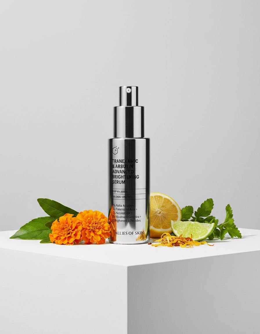 Tranexamic acid brightening serum bottle with peptides, shown on all skin types for dark spot reduction and anti-aging benefits — view 4