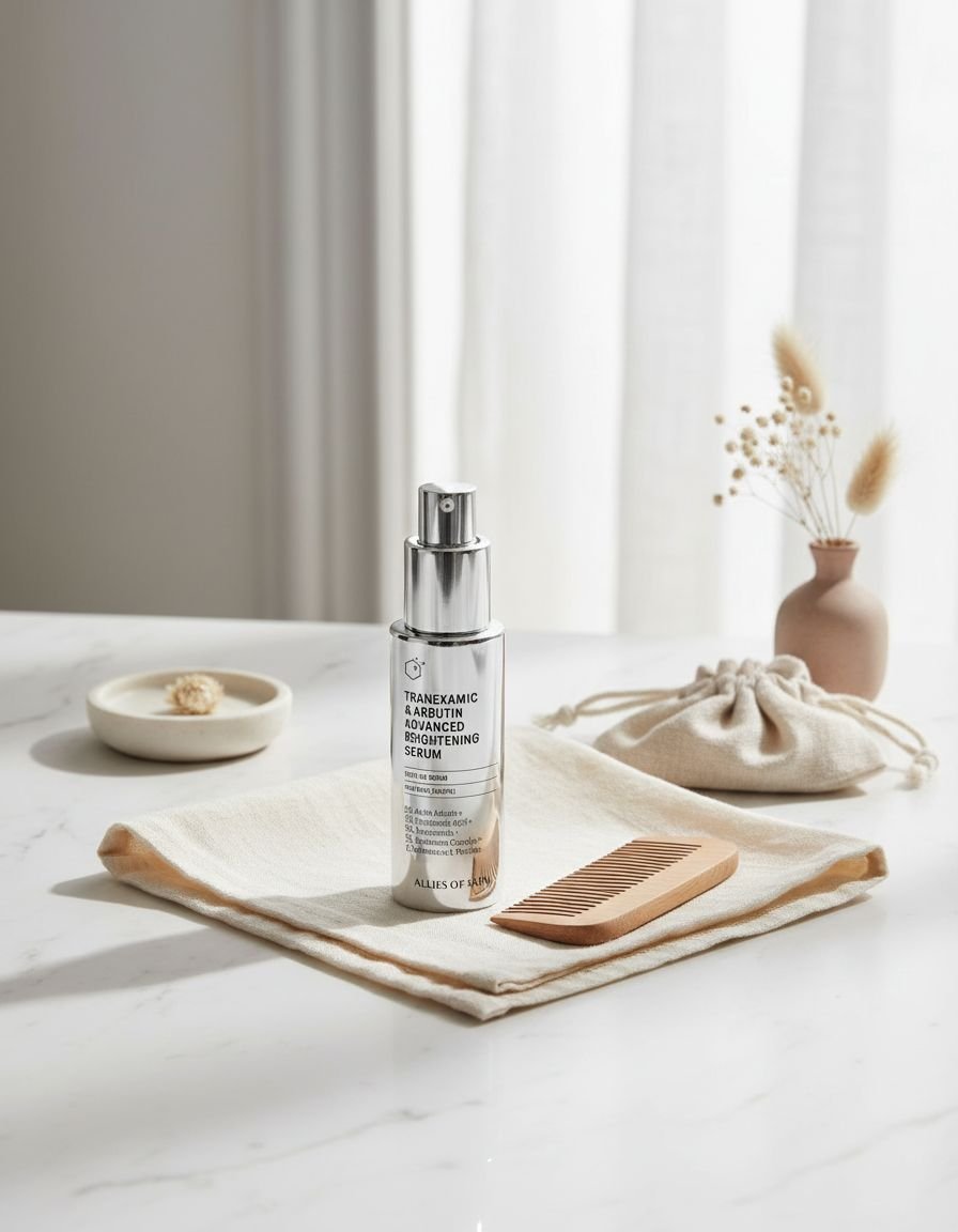 Tranexamic acid brightening serum bottle with peptides, shown on all skin types for dark spot reduction and anti-aging benefits — view 2