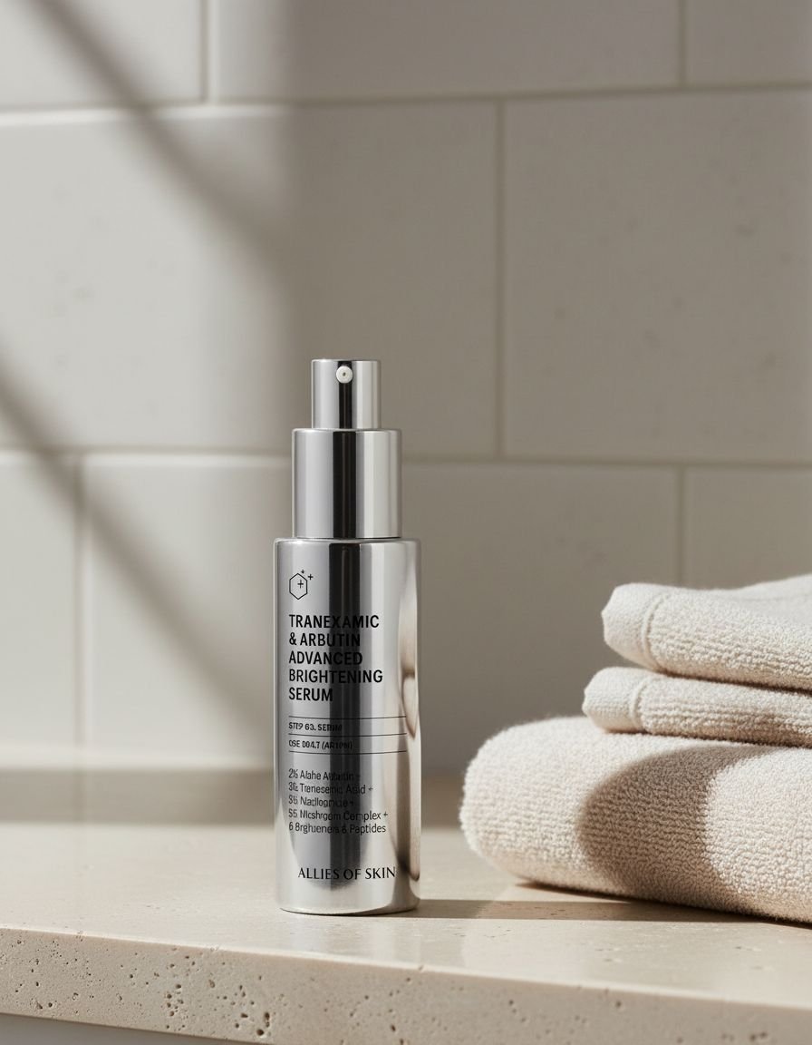 Tranexamic acid brightening serum bottle with peptides, shown on all skin types for dark spot reduction and anti-aging benefits — view 3a