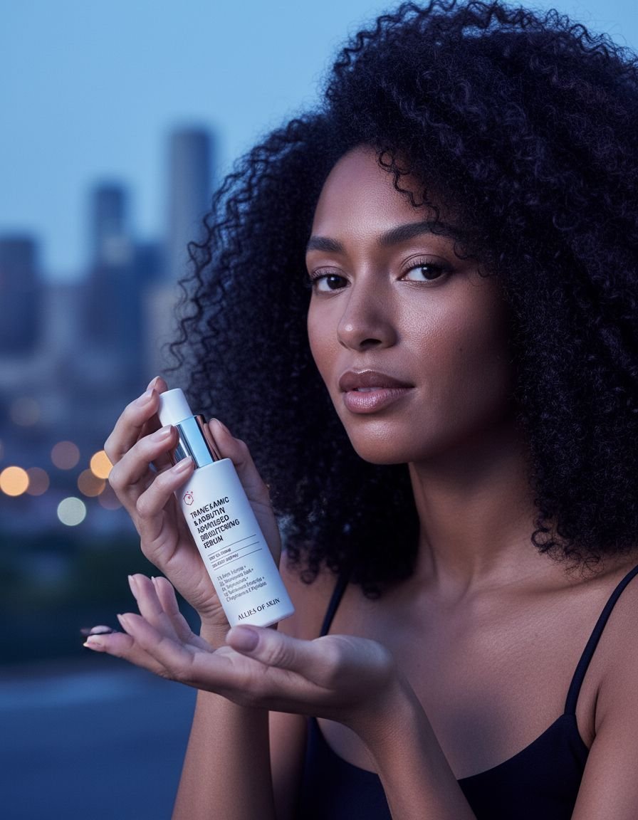 Tranexamic acid brightening serum bottle with peptides, shown on all skin types for dark spot reduction and anti-aging benefits — view 6