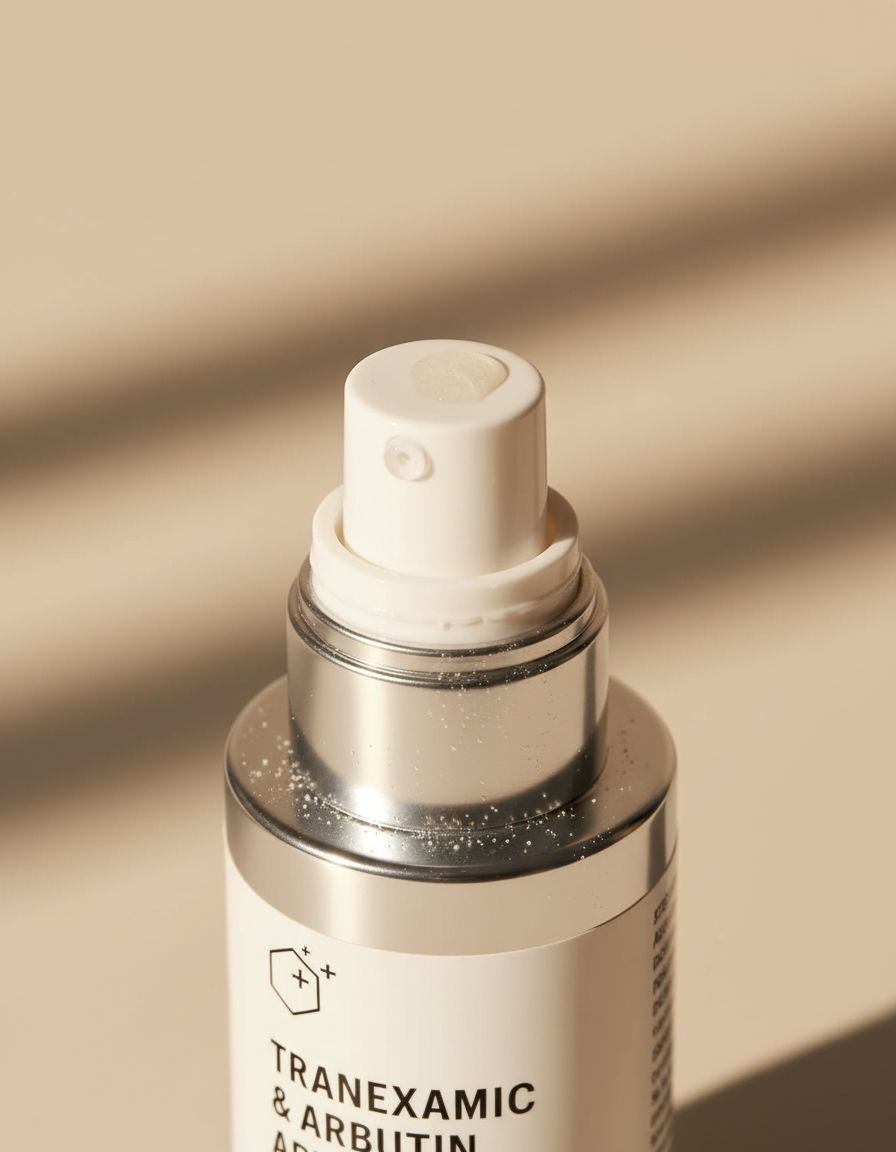 Tranexamic acid brightening serum bottle with peptides, shown on all skin types for dark spot reduction and anti-aging benefits — view 7a