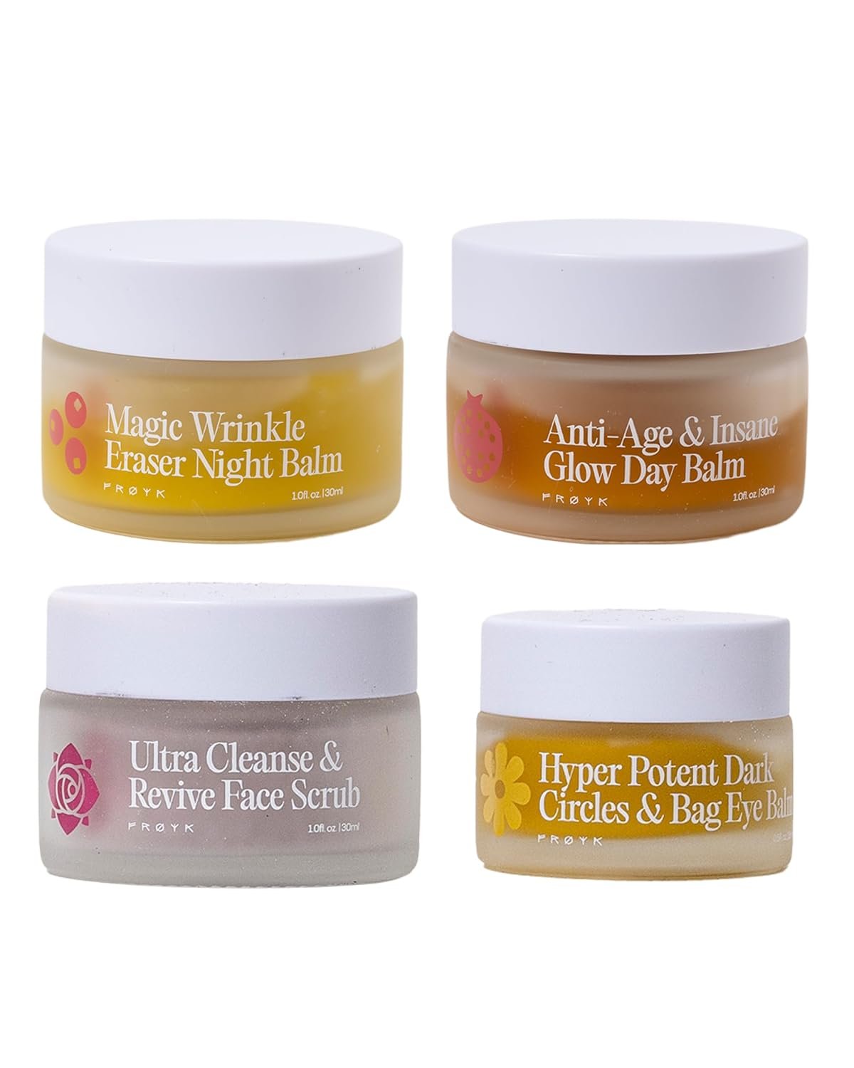 Rosehip and calendula anti-aging balm set for mature skin with day balm, night balm, eye balm, and gentle scrub — view 1