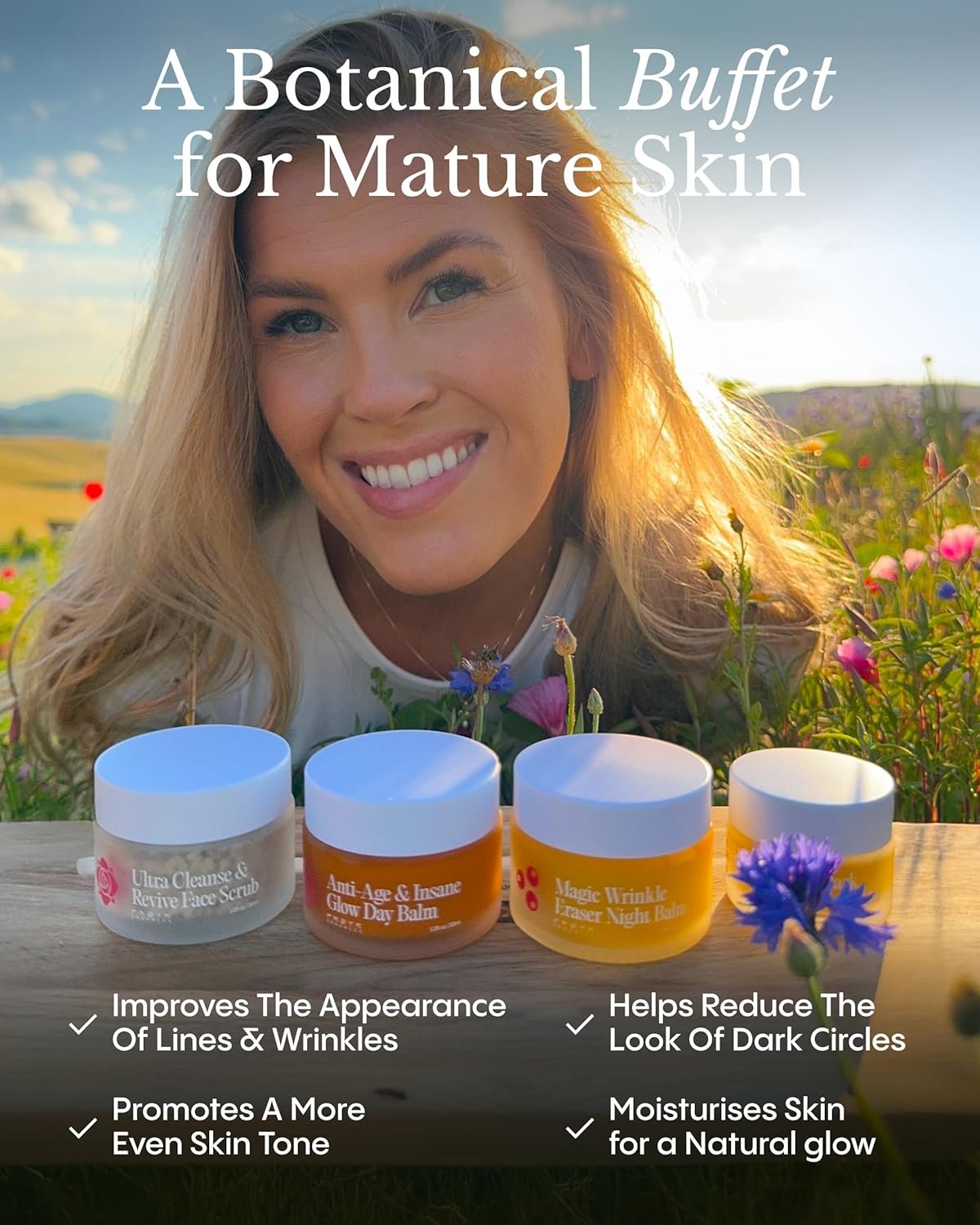 Rosehip and calendula anti-aging balm set for mature skin with day balm, night balm, eye balm, and gentle scrub — view 2