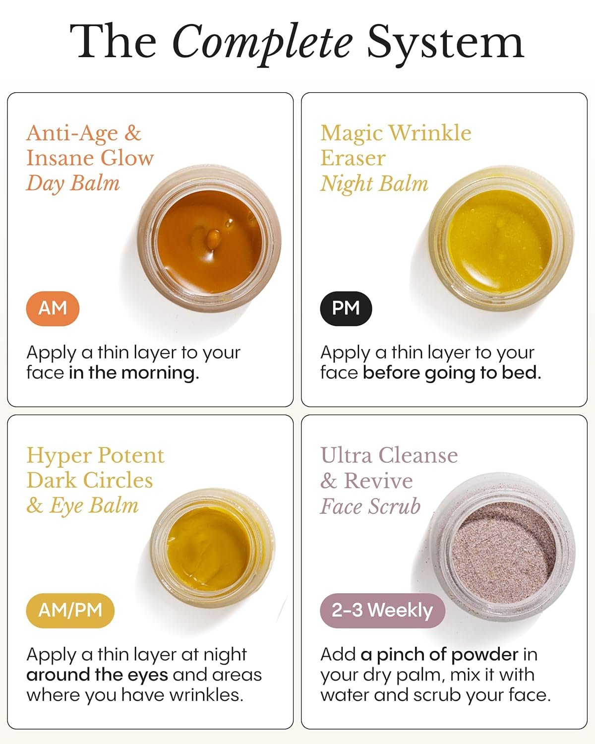 Rosehip and calendula anti-aging balm set for mature skin with day balm, night balm, eye balm, and gentle scrub — view 3